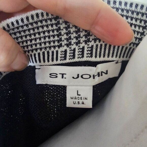 St. John Santana Knit Black Cardigan Sweater L Houndstooth Shimmer Trim Formal - Picture 8 of 12